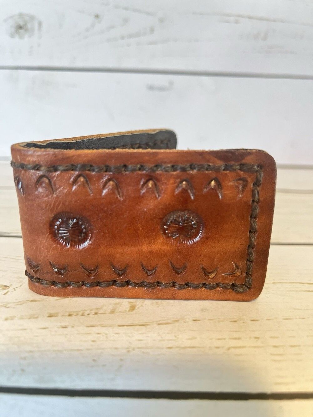 Bifold Hand Tooled Leather Money Clip Wallet Magnetic Initials H. G.